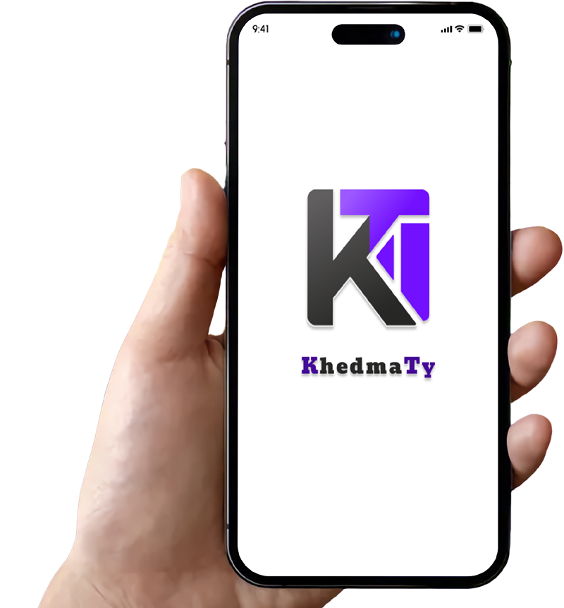 Hand holding a smartphone displaying the KhedmaTy app home screen.